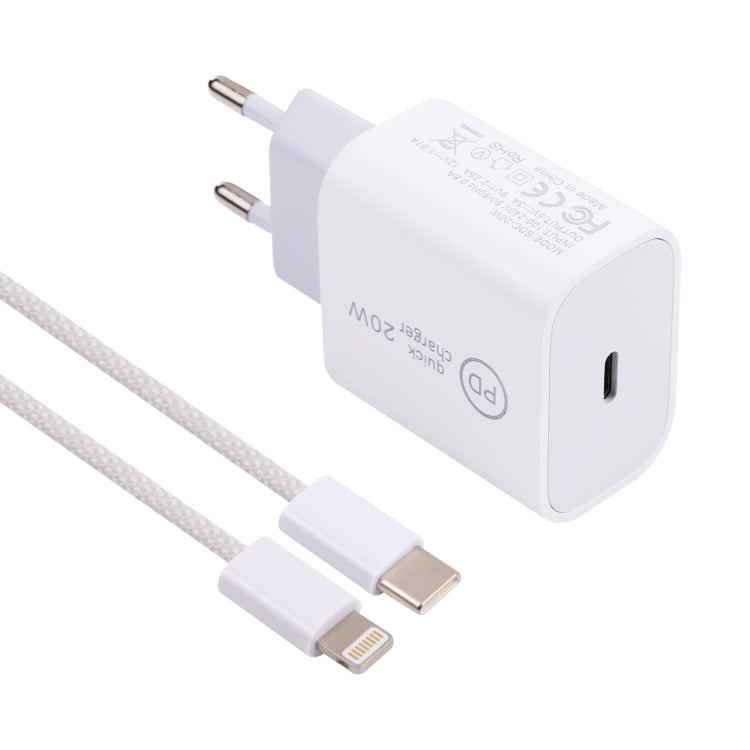 SDC-20W PD USB-C / Type-C Travel Charger + 1m 12W USB-C / Type-C to 8 Pin Data Cable Set, EU Plug(White) - Mobile Accessories by buy2fix | Online Shopping UK | buy2fix