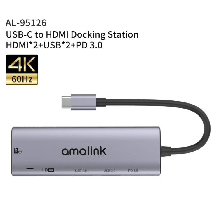 amalink 95126 Type-C / USB-C to Dual HDMI + 2 Ports USB + PD 3.0 Multi-function HUB(Grey) - USB HUB by amalink | Online Shopping UK | buy2fix