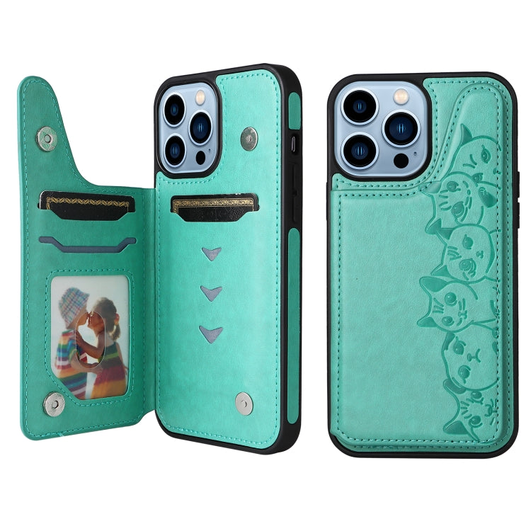For iPhone 13 Pro Max Six Cats Embossing Pattern Shockproof Phone Case (Green) - iPhone 13 Pro Max Cases by buy2fix | Online Shopping UK | buy2fix