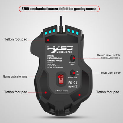 HXSJ S700 USB 12800dpi Adjustable 10-Keys Mechanical Wired Gaming Mouse(Black) - Wired Mice by HXSJ | Online Shopping UK | buy2fix