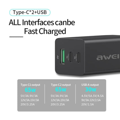 awei PD9 65W Dual Type-C / USB-C + USB GaN Fast Charging Travel Charger, EU Plug(White) - Apple Accessories by awei | Online Shopping UK | buy2fix