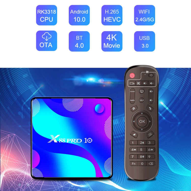 X88 PRO10 4K Smart TV BOX Android 11.0 Media Player, RK3318 Quad-Core 64bit Cortex-A53, RAM: 4GB, ROM: 64GB(US Plug) - Consumer Electronics by buy2fix | Online Shopping UK | buy2fix