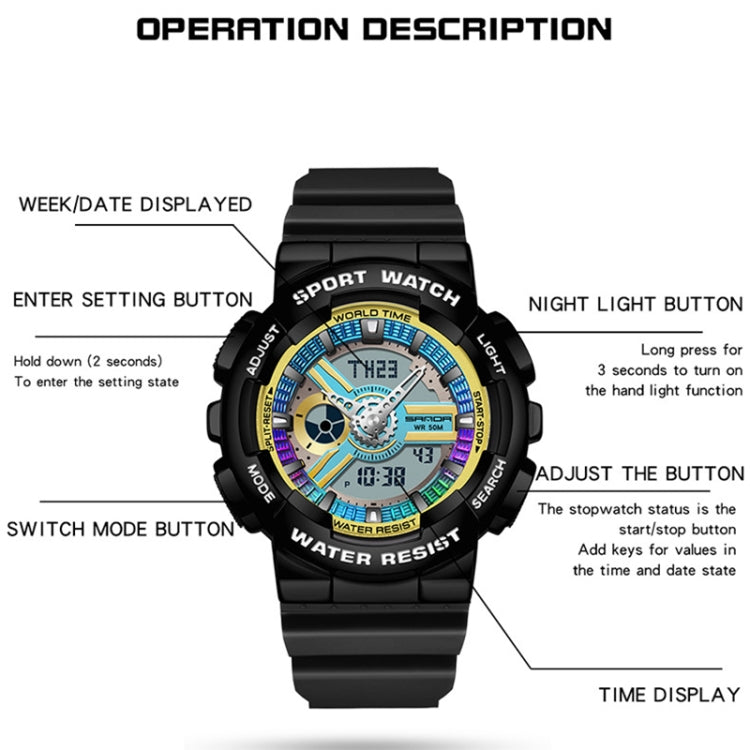 SANDA 3137 TPU Strap Luminous Waterproof Dual Display Electronic Watch(Black Gold) - Silicone Strap Watches by SANDA | Online Shopping UK | buy2fix