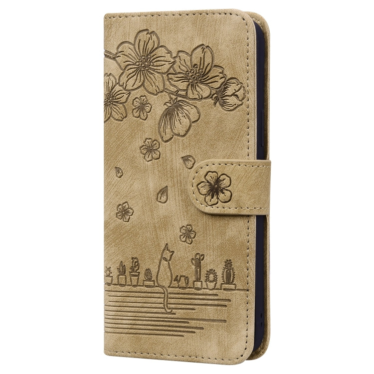 For Xiaomi Poco M4 Pro 4G Global Cartoon Sakura Cat Embossed Leather Phone Case(Brown) - Xiaomi Cases by buy2fix | Online Shopping UK | buy2fix