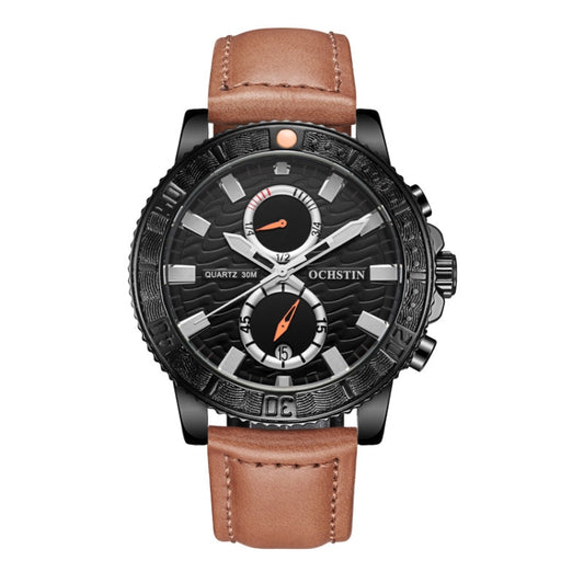 Ochstin 6045A Multifunctional Quartz Luminous Genuine Leather Men Watch(Black+Brown) - Leather Strap Watches by OCHSTIN | Online Shopping UK | buy2fix