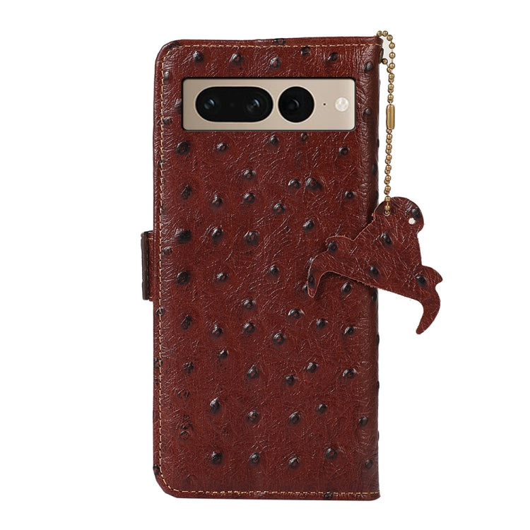 For Google Pixel 7 Ostrich Pattern Genuine Leather RFID Phone Case(Coffee) - Google Cases by buy2fix | Online Shopping UK | buy2fix