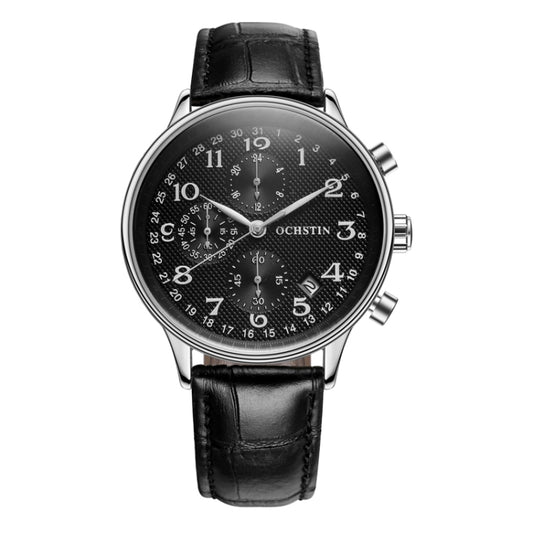 Ochstin 6050C Multifunctional Quartz Men Leather Watch(Silver+Black) - Leather Strap Watches by OCHSTIN | Online Shopping UK | buy2fix