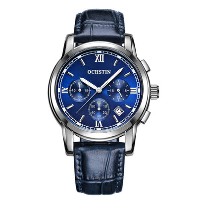 OCHSTIN 6097B Multifunctional Quartz Waterproof Luminous Men Leather Watch(Silver+Blue) - Leather Strap Watches by OCHSTIN | Online Shopping UK | buy2fix