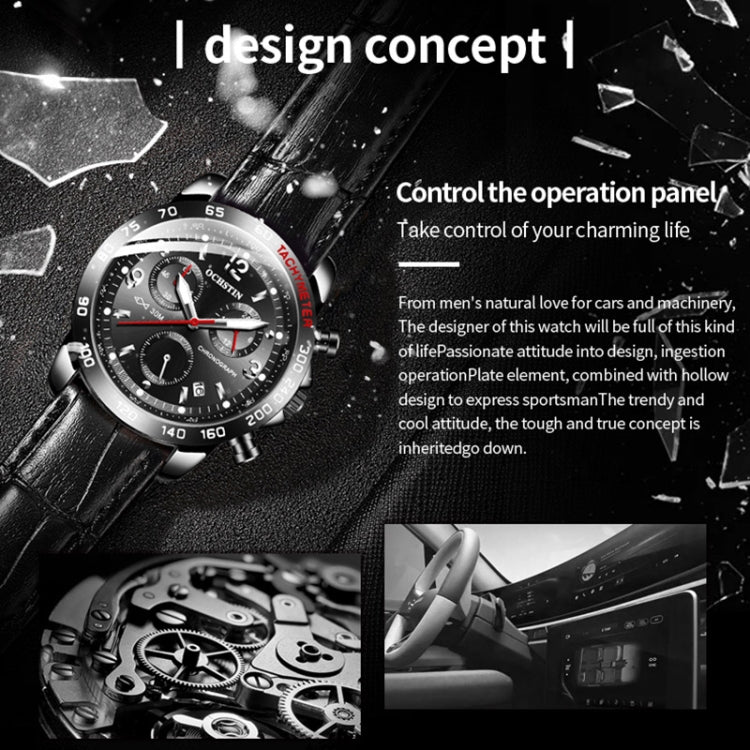 OCHSTIN 6123C Multifunctional Quartz Waterproof Luminous Men Leather Watch(Silver Black 02) - Leather Strap Watches by OCHSTIN | Online Shopping UK | buy2fix