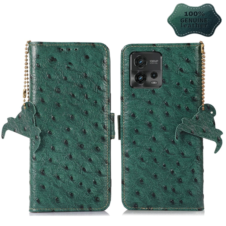 For Motorola Moto G72 4G Ostrich Pattern Genuine Leather RFID Phone Case(Green) - Motorola Cases by buy2fix | Online Shopping UK | buy2fix