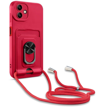 For Samsung Galaxy A04 / M13 5G Ring Kickstand Card Wallet TPU Phone Case with Lanyard(Red) - Galaxy Phone Cases by buy2fix | Online Shopping UK | buy2fix