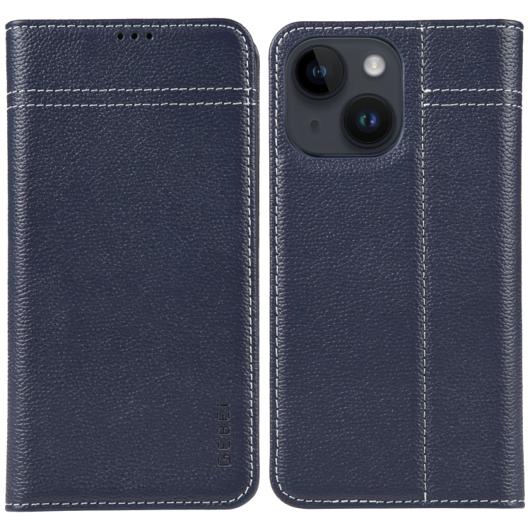 For iPhone 14 Plus GEBEI Top-grain Horizontal Flip Leather Phone Case(Blue) - iPhone 14 Plus Cases by GEBEI | Online Shopping UK | buy2fix