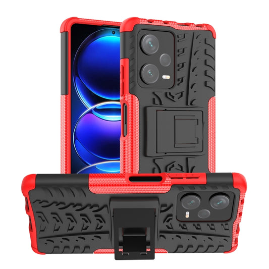 For Xiaomi Redmi Note 12 Pro+ 5G Tire Texture TPU + PC Phone Case with Holder(Red) - Note 12 Pro+ Cases by buy2fix | Online Shopping UK | buy2fix