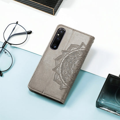 For Sony Xperia 1 IV Mandala Flower Embossed Leather Phone Case(Grey) - Sony Cases by buy2fix | Online Shopping UK | buy2fix