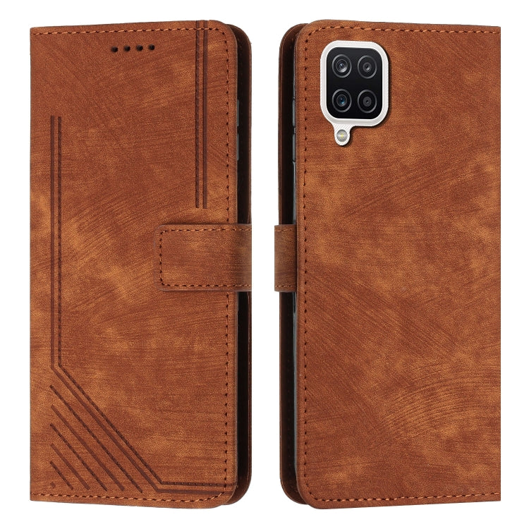 For Samsung Galaxy A12 4G / M12 / F12 4G Skin Feel Stripe Pattern Leather Phone Case with Lanyard(Brown) - Galaxy Phone Cases by buy2fix | Online Shopping UK | buy2fix