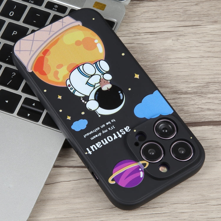 For iPhone 12 Milk Tea Astronaut Pattern Liquid Silicone Phone Case(Ivory Black) - iPhone 12 / 12 Pro Cases by buy2fix | Online Shopping UK | buy2fix