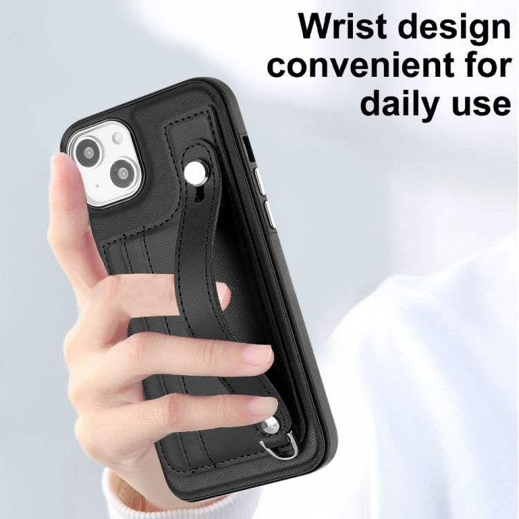 For iPhone 14 Plus Shockproof Leather Phone Case with Wrist Strap(Black) - iPhone 14 Plus Cases by buy2fix | Online Shopping UK | buy2fix