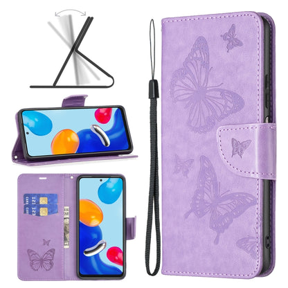 For Xiaomi Redmi Note 12S 4G / Note 11 Two Butterflies Embossing Leather Phone Case(Purple) - Xiaomi Cases by buy2fix | Online Shopping UK | buy2fix