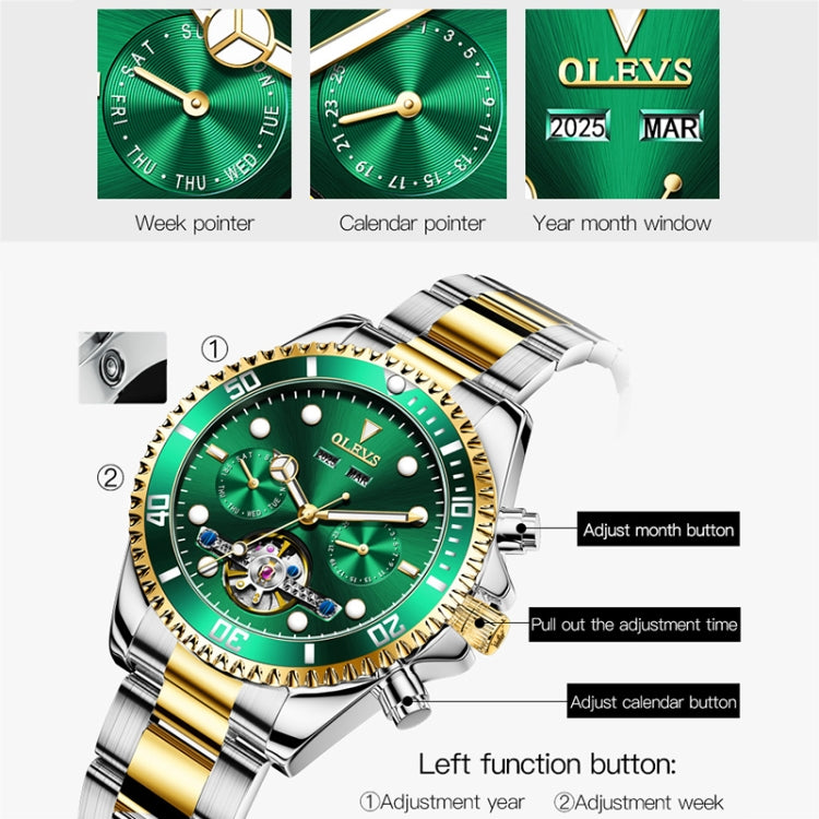 OLEVS 6605 Men Multifunctional Waterproof Mechanical Watch(Green + Gold) - Metal Strap Watches by OLEVS | Online Shopping UK | buy2fix