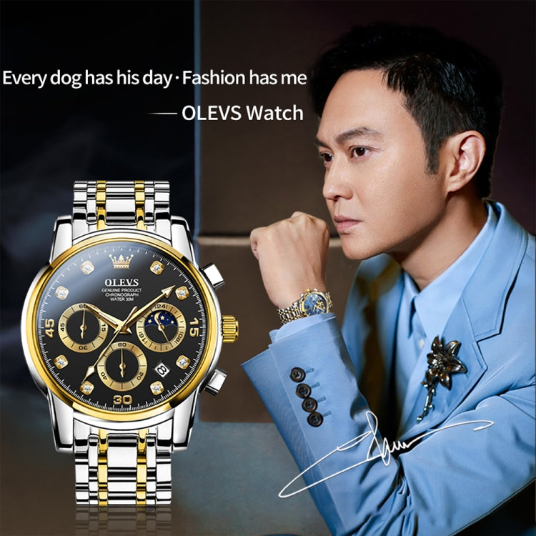 OLEVS 2889 Men Multifunctional Luminous Waterproof Quartz Watch(Black + Gold) - Metal Strap Watches by OLEVS | Online Shopping UK | buy2fix