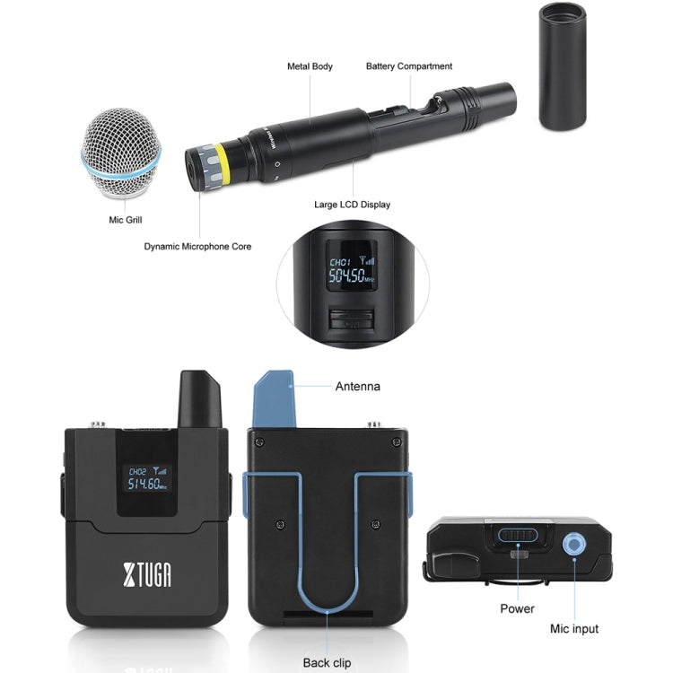 XTUGA A140-B Wireless Microphone System 4 BodyPack Headset Lavalier Microphone(US Plug) - Microphone by XTUGA | Online Shopping UK | buy2fix