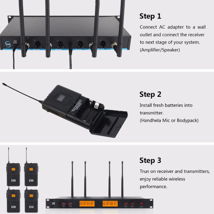 XTUGA A400-HB Professional 4-Channel UHF Wireless Microphone System with 2 Handheld & 2 Headset Microphone(AU Plug) - Microphone by XTUGA | Online Shopping UK | buy2fix