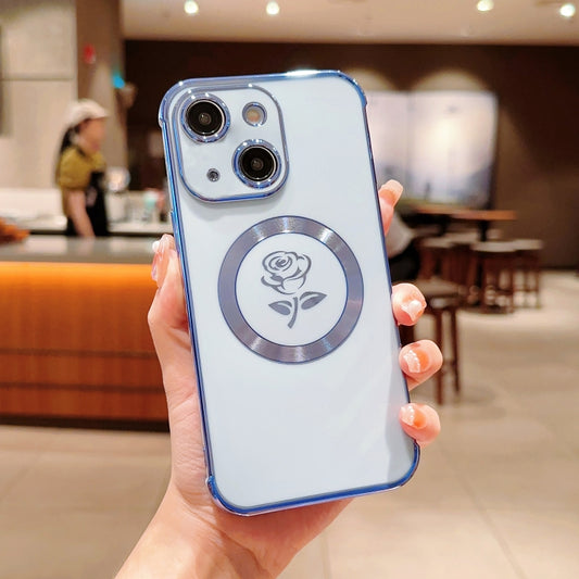 For iPhone 15 Electroplate Side Roses Flower MagSafe Phone Case(Blue) - iPhone 15 Cases by buy2fix | Online Shopping UK | buy2fix