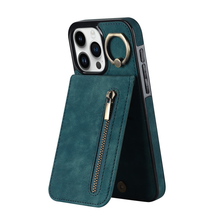 For iPhone 15 Pro Max Retro Ring and Zipper RFID Card Slot Phone Case(Blue) - iPhone 15 Pro Max Cases by buy2fix | Online Shopping UK | buy2fix