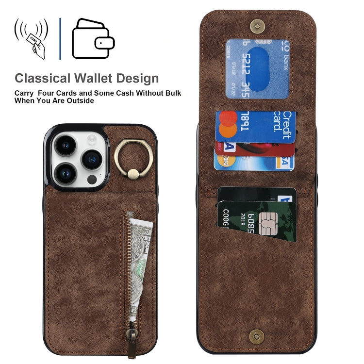 For iPhone 15 Pro Max Retro Ring and Zipper RFID Card Slot Phone Case(Brown) - iPhone 15 Pro Max Cases by buy2fix | Online Shopping UK | buy2fix