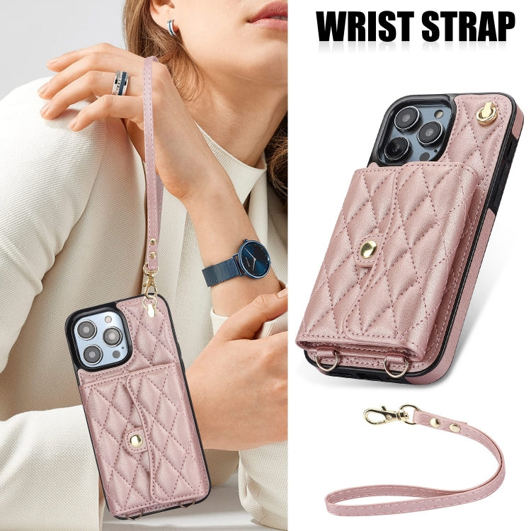 For iPhone 15 Pro Max Crossbody Rhombic Horizontal Wallet Leather Phone Case(Rose Gold) - iPhone 15 Pro Max Cases by buy2fix | Online Shopping UK | buy2fix