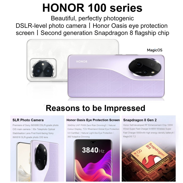 Honor 100 Pro, 16GB+512GB, Screen Fingerprint Identification, 6.78 inch MagicOS 7.2 Snapdragon 8 Gen 2 Octa Core up to 3.19GHz, Network: 5G, NFC, OTG, Support Google Play(White) - Honor by Huawei | Online Shopping UK | buy2fix