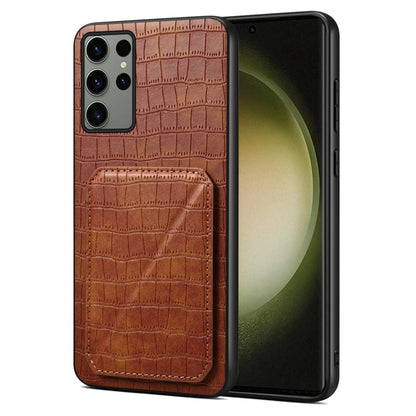 For Samsung Galaxy S23 Ultra 5G Denior Imitation Crocodile Leather Back Phone Case with Holder(Brown) - Galaxy S23 Ultra 5G Cases by Denior | Online Shopping UK | buy2fix