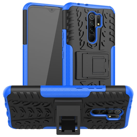 For Xiaomi Redmi 9 Tire Texture Shockproof TPU + PC Protective Case with Holder(Blue) - Xiaomi Accessories by buy2fix | Online Shopping UK | buy2fix