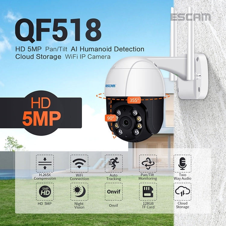 ESCAM QF518 5MP Smart WiFi IP Camera, Support AI Humanoid Detection / Auto Tracking / Dual Light Night Vision / Cloud Storage / Two Way Audio / TF Card, Plug:UK Plug(White) - Security by ESCAM | Online Shopping UK | buy2fix