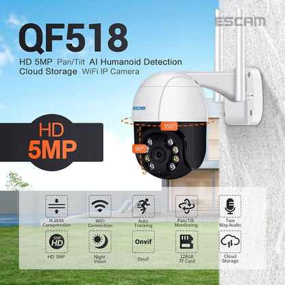 ESCAM QF518 5MP Smart WiFi IP Camera, Support AI Humanoid Detection / Auto Tracking / Dual Light Night Vision / Cloud Storage / Two Way Audio / TF Card, Plug:AU Plug(White) - Dome Camera by ESCAM | Online Shopping UK | buy2fix