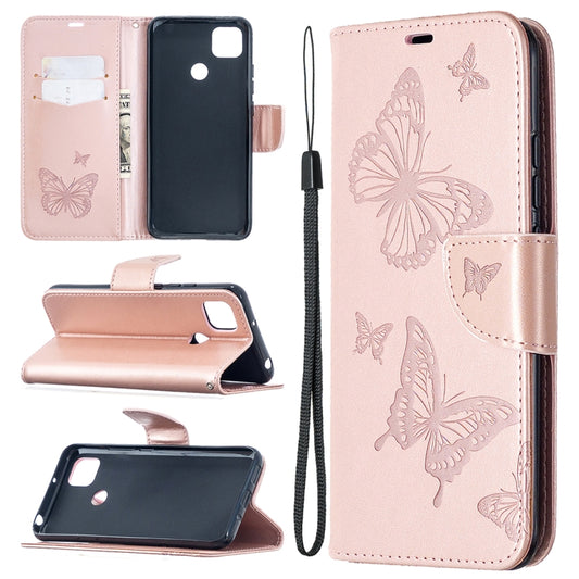 For Xiaomi Redmi 9C Two Butterflies Embossing Pattern Horizontal Flip Leather Case with Holder & Card Slot & Wallet & Lanyard(Rose Gold) - Xiaomi Cases by buy2fix | Online Shopping UK | buy2fix