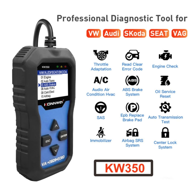 KONNWEI KW350 OBDII 12V Car Diagnostics Detector Scanner with 2 inch Black And White Display Screen V007 for Audi / Volkswagen - In Car by KONNWEI | Online Shopping UK | buy2fix