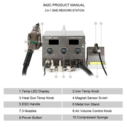 BAKU BA-942C 110V 1000W 2 in 1 Digital Display Adjustable Temperature Hot Air Gun Set, US Plug - Electric Soldering Iron by BAKU | Online Shopping UK | buy2fix