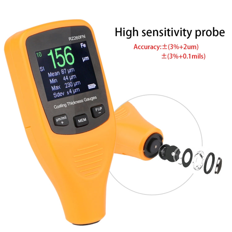 RZ260FN Ferrous & Non-Ferrous 2 in 1 LCD Display Ultrasonic Coating Paint Thickness Gauge Meter Tools (Orange) - Coating Thickness Gauge by buy2fix | Online Shopping UK | buy2fix