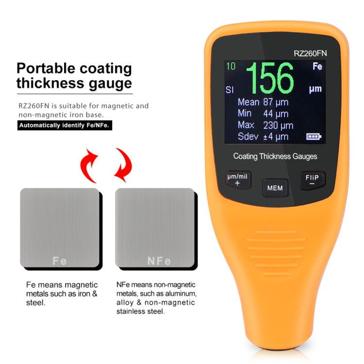 RZ260FN Ferrous & Non-Ferrous 2 in 1 LCD Display Ultrasonic Coating Paint Thickness Gauge Meter Tools (Orange) - Coating Thickness Gauge by buy2fix | Online Shopping UK | buy2fix