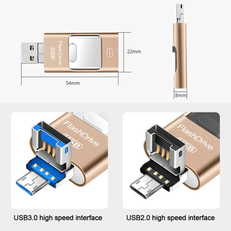 64GB USB 3.0 + 8 Pin + Mirco USB Android iPhone Computer Dual-use Metal Flash Drive (Rose Gold) - U Disk & Card Reader by buy2fix | Online Shopping UK | buy2fix