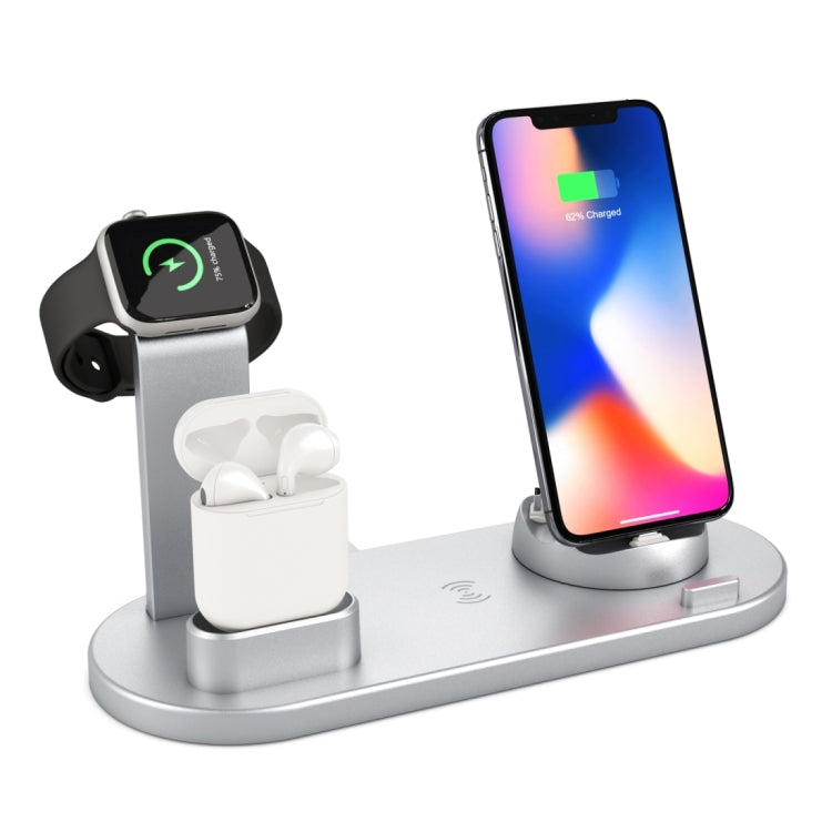 HQ-UD15 5 in 1 8 Pin + Micro USB + USB-C / Type-C Interfaces + 8 Pin Earphone Charging Interface + Wireless Charging Charger Base with Watch Stand(Silver) - Multifunction Charger by buy2fix | Online Shopping UK | buy2fix