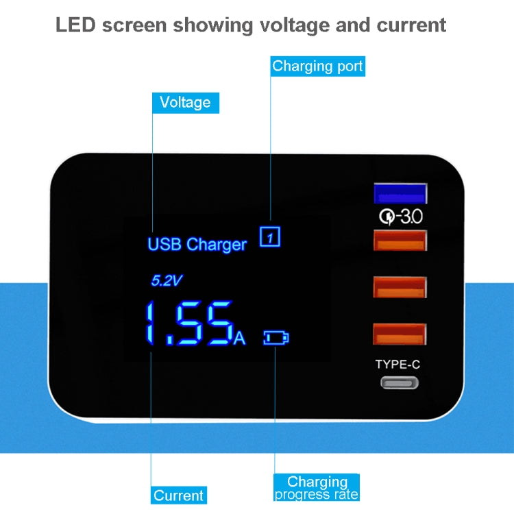 CDA33Q 40W QC 3.0 USB + 3 USB Ports + USB-C / Type-C Ports Multi-function Charger with LED Display, US Plug - Multifunction Charger by buy2fix | Online Shopping UK | buy2fix