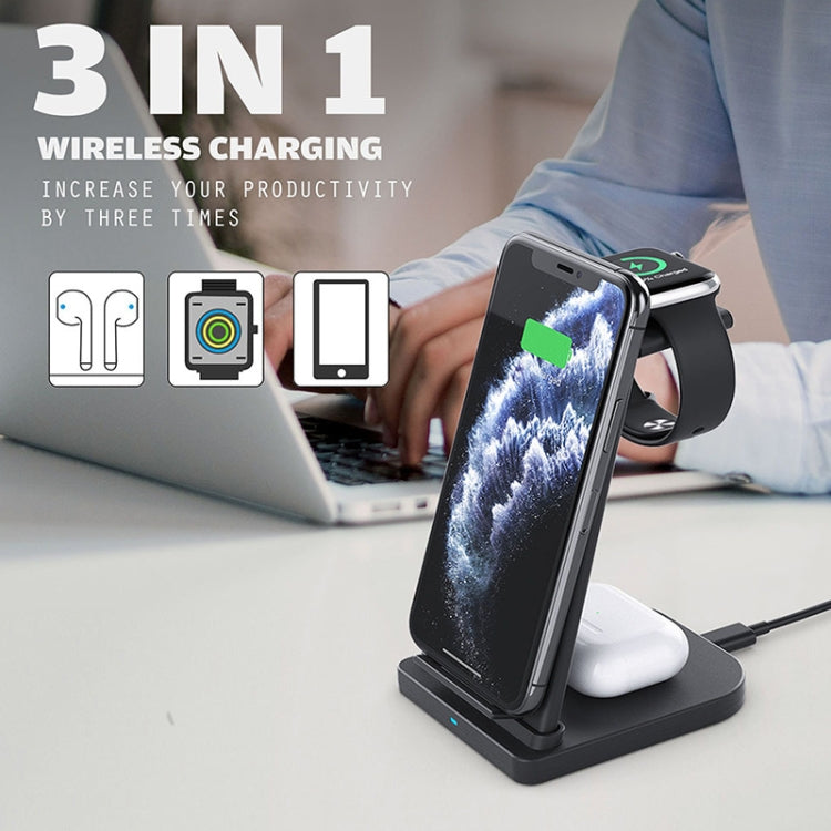 10W 3 in 1 QC 3.0  Vertical Multi-function Wireless Charger with Stand Function, Suitable for Mobile Phones / Apple Watch / AirPods (Black) - Multifunction Charger by buy2fix | Online Shopping UK | buy2fix