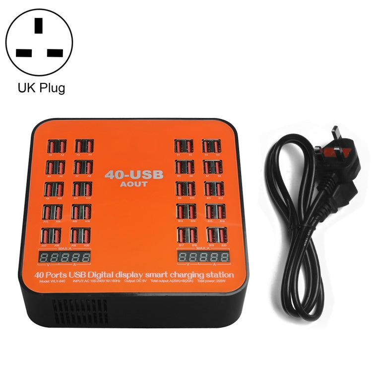 WLX-840 200W 40 Ports USB Digital Display Smart Charging Station AC100-240V, UK Plug (Black+Orange) - Multifunction Charger by buy2fix | Online Shopping UK | buy2fix