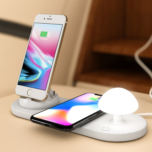 HQ-UD11 10W 4 in 1 Mobile Phone Fast Wireless Charger with Mushroom LED Light & Phone Holder, Length: 1.2m(White) - Multifunction Charger by buy2fix | Online Shopping UK | buy2fix