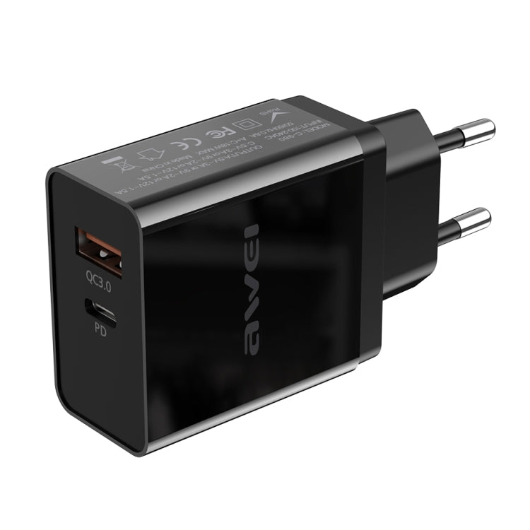 awei C-980 18W PD USB-C / Type-C + QC 3.0 USB Interface Fast Charging Travel Charger, EU Plug(Black) - Apple Accessories by awei | Online Shopping UK | buy2fix