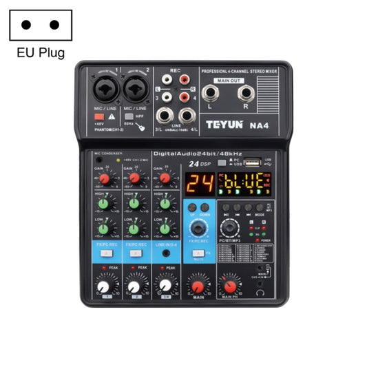 TEYUN NA4 4-channel Small Mixing Console Mobile Phone Sound Card Live Broadcast Computer Recording Console Processor, EU Plug(Black) - Consumer Electronics by TEYUN | Online Shopping UK | buy2fix
