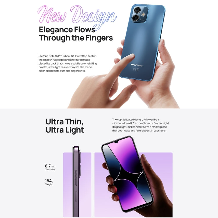 [HK Warehouse] Ulefone Note 16 Pro, 8GB+256GB, Dual Back Cameras, Face ID & Side Fingerprint Identification, 4400mAh Battery, 6.52 inch Android 13 Unisoc T606 Octa Core up to 1.6GHz, Network: 4G, Dual SIM, OTG (Purple) - Ulefone by Ulefone | Online Shopping UK | buy2fix