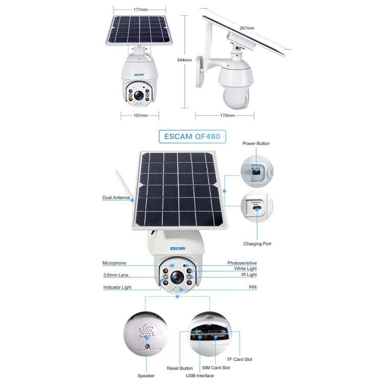 ESCAM QF480 US Version HD 1080P IP66 Waterproof 4G Solar Panel PT IP Camera without Battery, Support Night Vision / Motion Detection / TF Card / Two Way Audio (White) - Dome Camera by ESCAM | Online Shopping UK | buy2fix